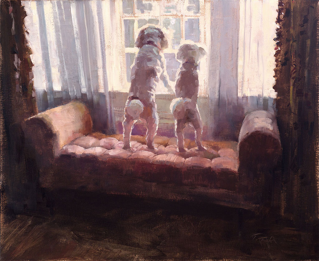Dog portrait, Anticipation, painted by artist Patrick Saunders in oils on canvas.