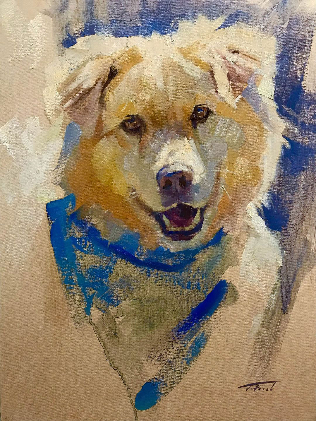 Dog portrait of Huey, painted by artist Patrick Saunders in oils on linen.