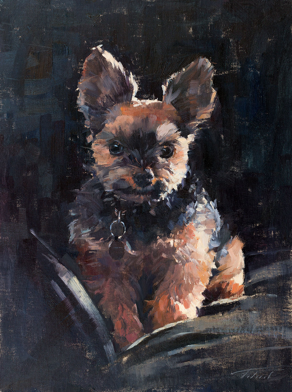 Dog portrait of Webster, painted by artist Patrick Saunders in oils on canvas.