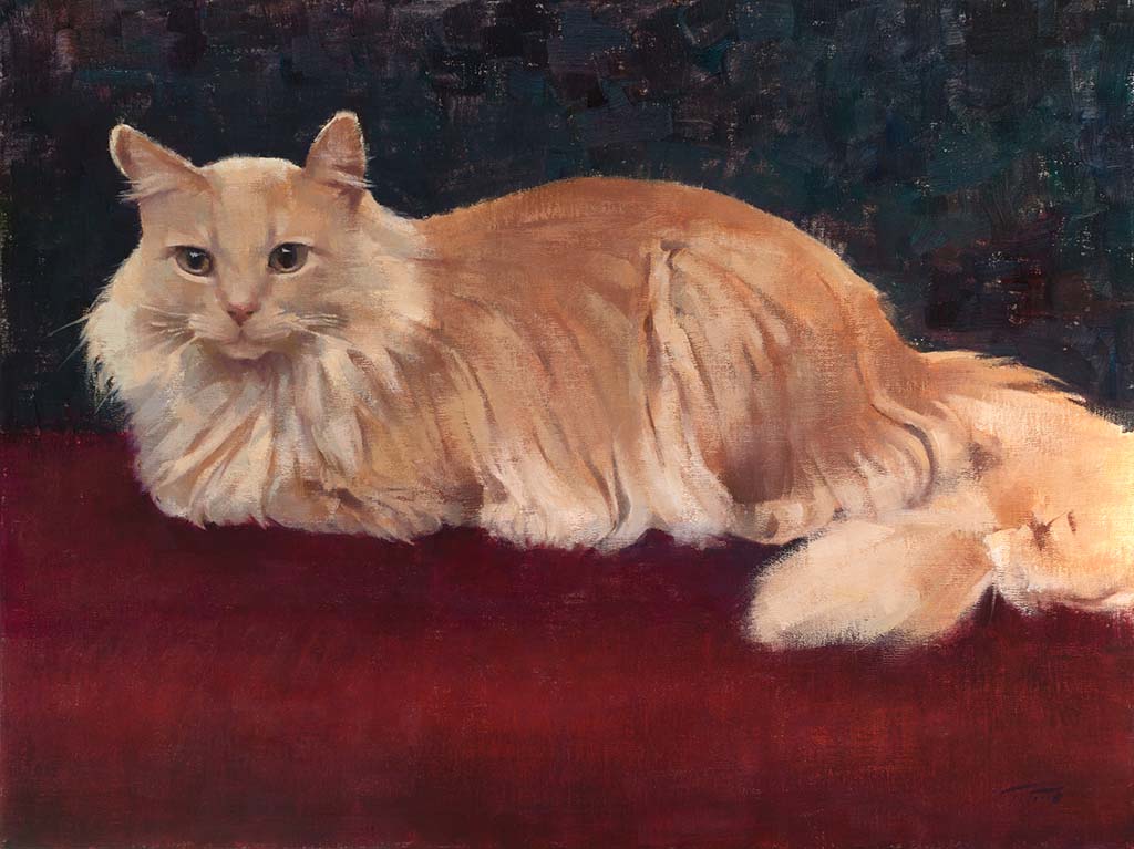 Cat portrait of Barbie, painted by artist Patrick Saunders in oils on board.